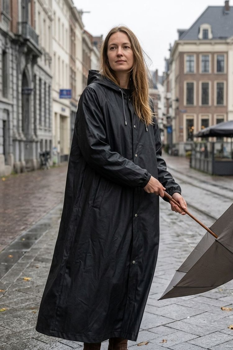 Damen Langer Regenmantel | Kapuzendesign