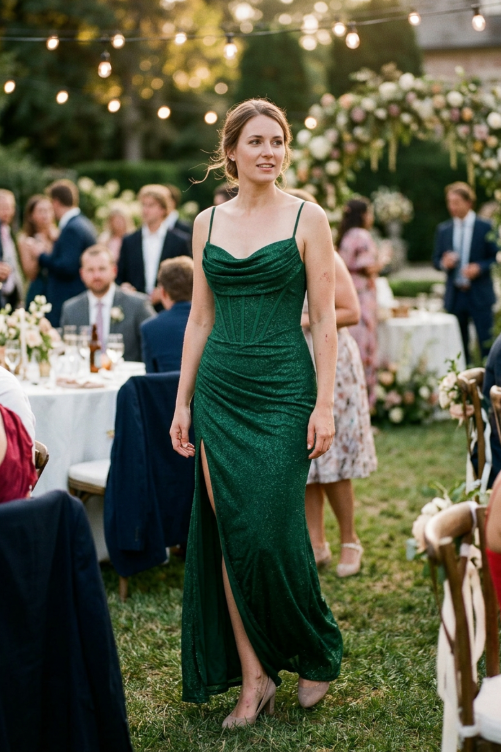 Glitzer Maxikleid Damen – Figurbetontes Kleid mit Spaghettiträgern