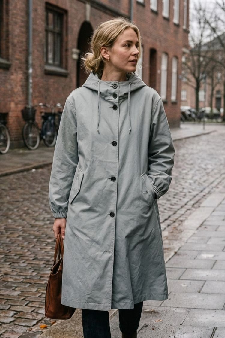 Damen Langer Kapuzen-Regenmantel | Geknöpfte Vorderseite