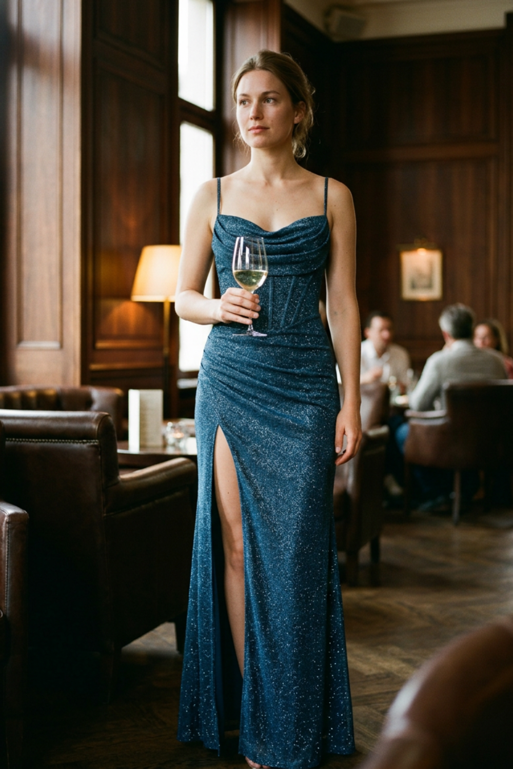 Glitzer Maxikleid Damen – Figurbetontes Kleid mit Spaghettiträgern