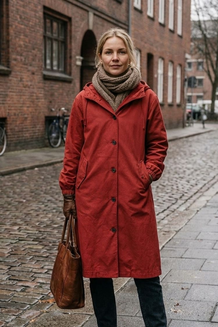 Damen Langer Kapuzen-Regenmantel | Geknöpfte Vorderseite
