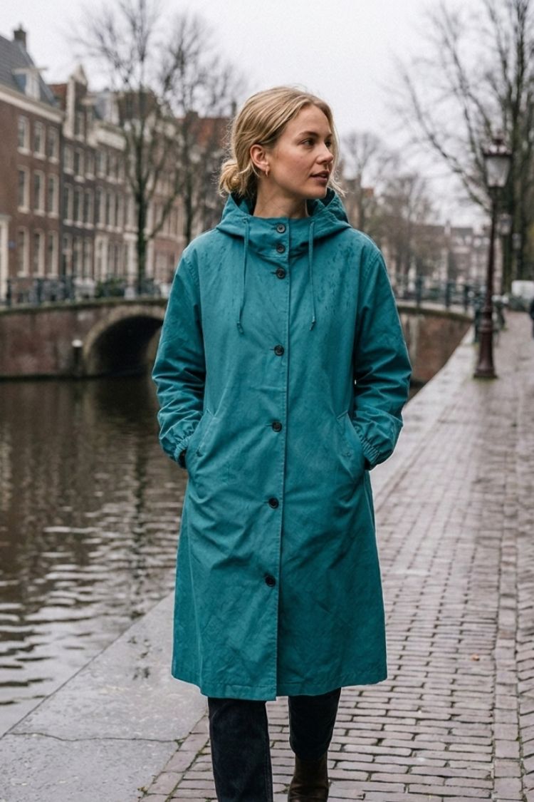 Damen Langer Kapuzen-Regenmantel | Geknöpfte Vorderseite