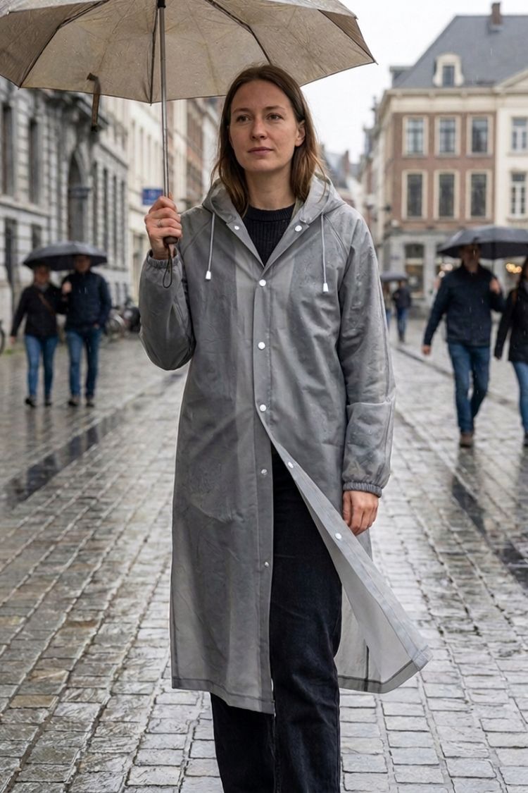Damen Langer Regenmantel | Kapuzendesign