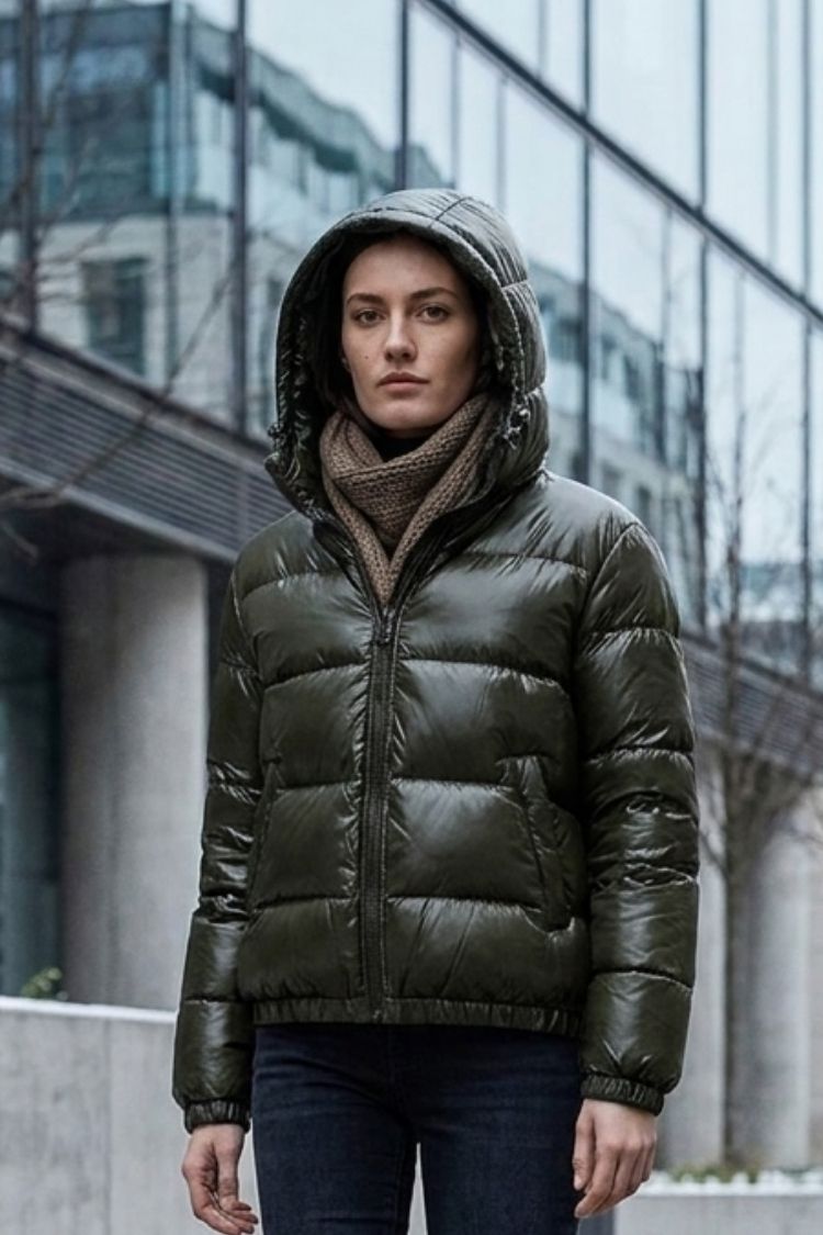 Damen Glänzende Pufferjacke | Kapuzendesign