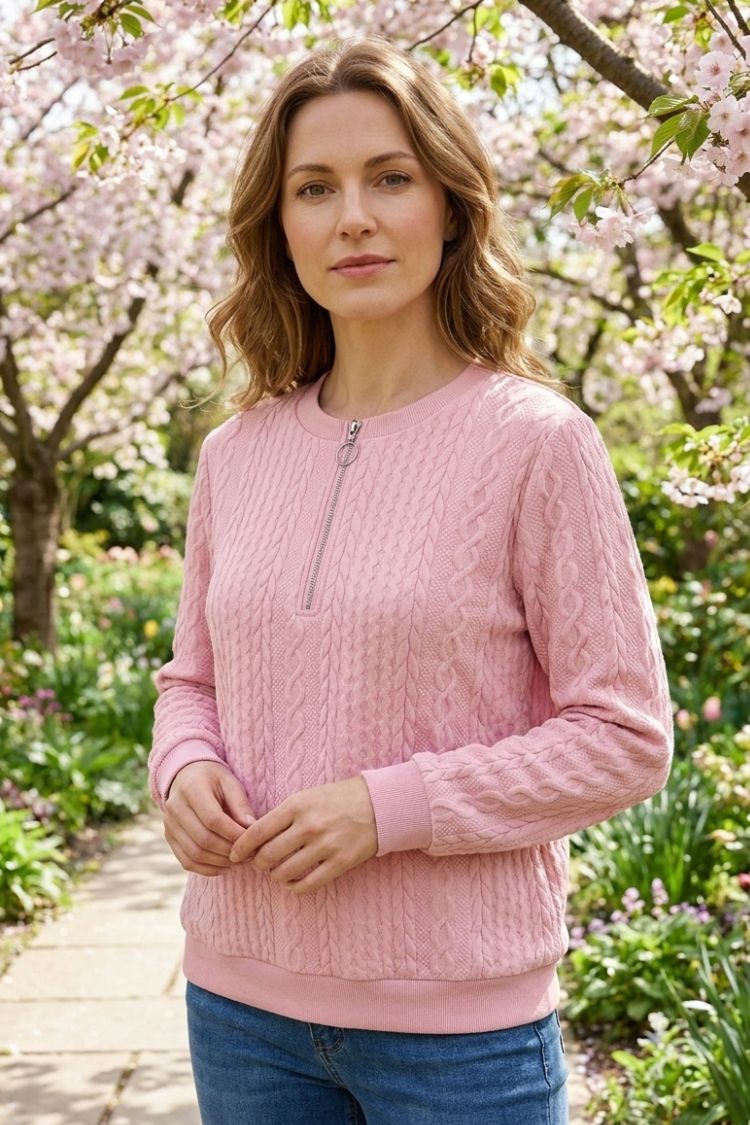 Damen Zipp-Pullover | Zopfmuster & Kurzer Reißverschluss