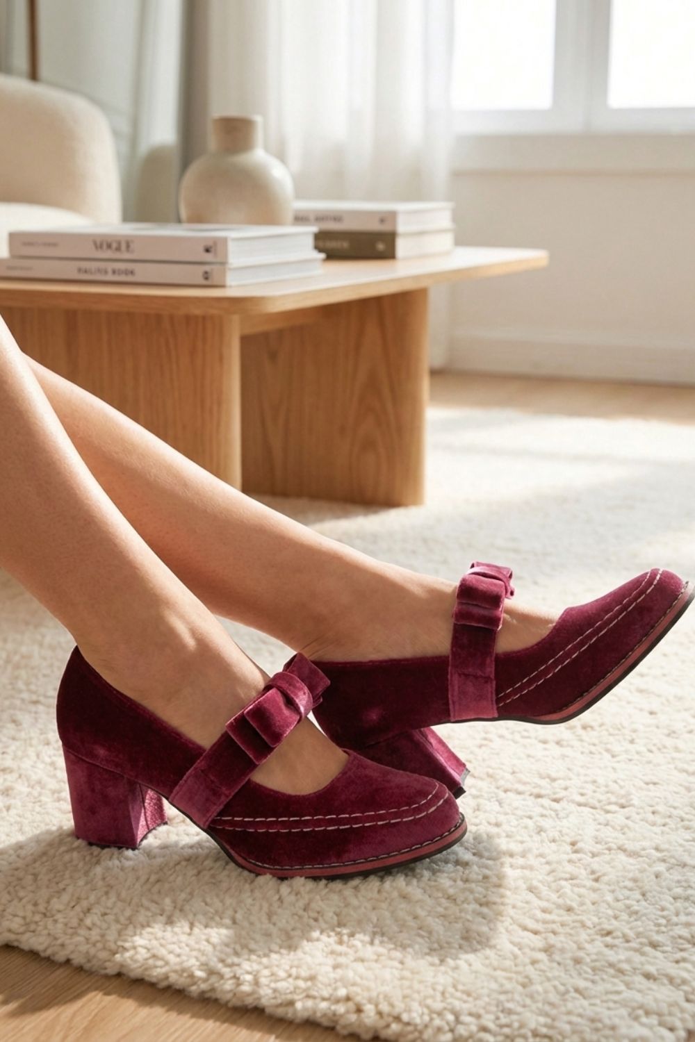 Damen Mary Jane Pumps Samt Schleife – Sicht von oben