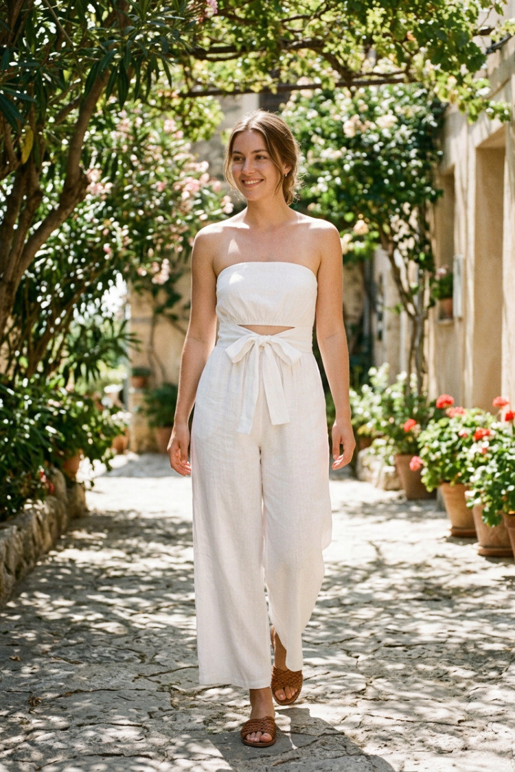 Damen Palazzo Jumpsuit mit Taillenschleife