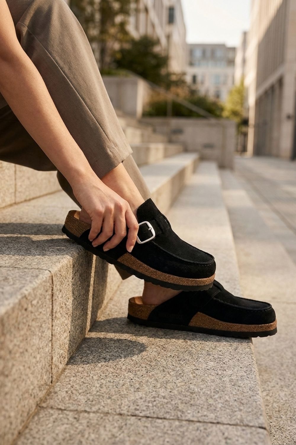 Wildleder-Korkpantoletten Damen | Schnalle Sommer