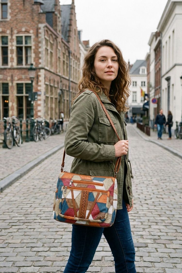 Damen Patchwork-Schultertasche | Verstellbarer Riemen & Reißverschlusstaschen