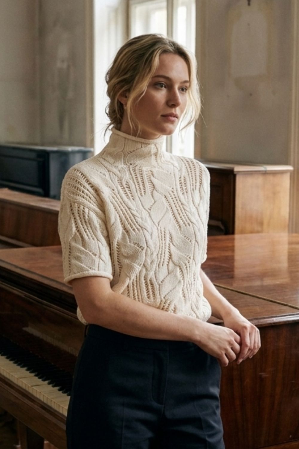 Damen Zopfmuster-Pullover | Kurzarm