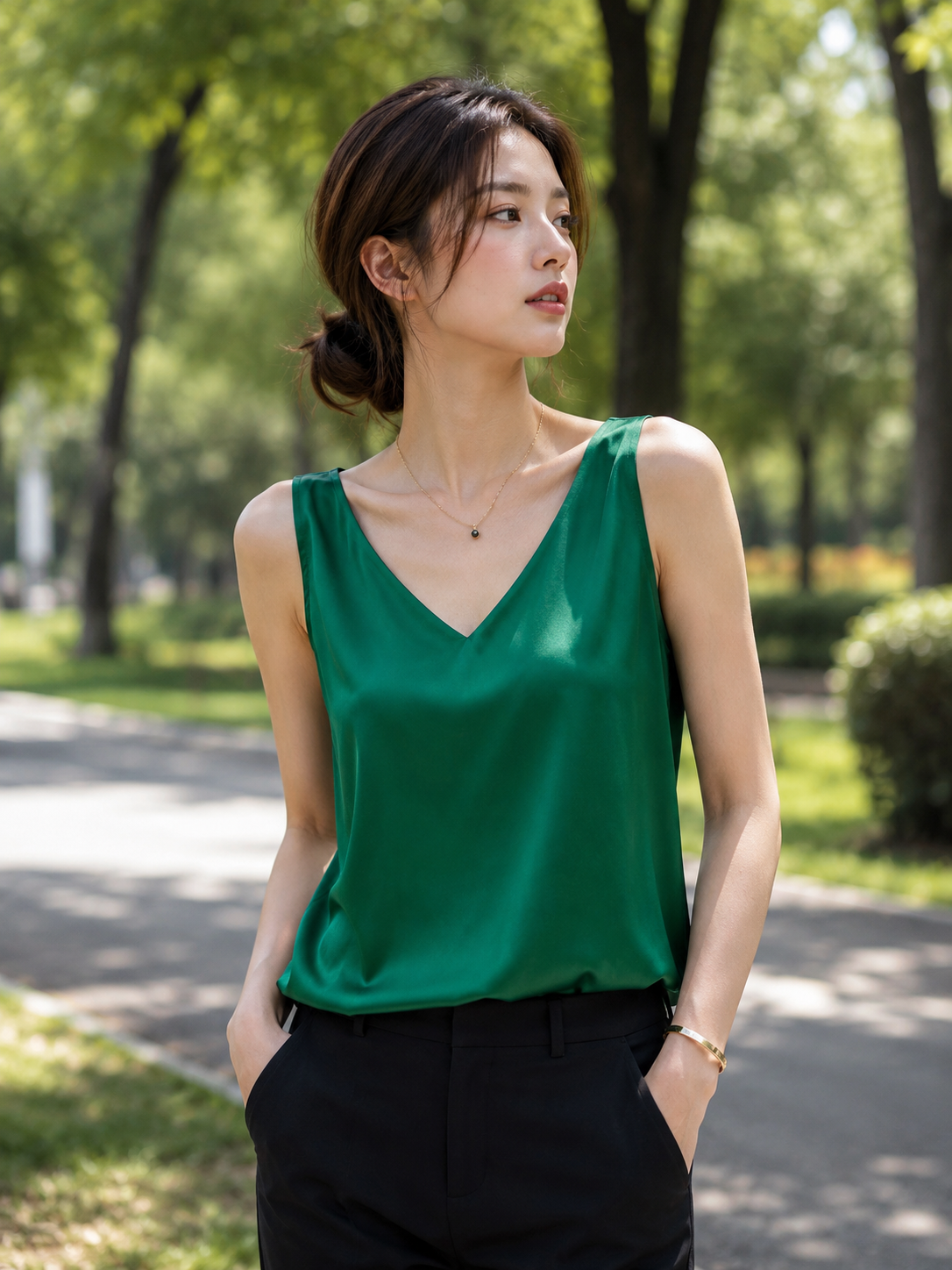 Damen Satin-Top Tank V-Ausschnitt – Detail Verarbeitung