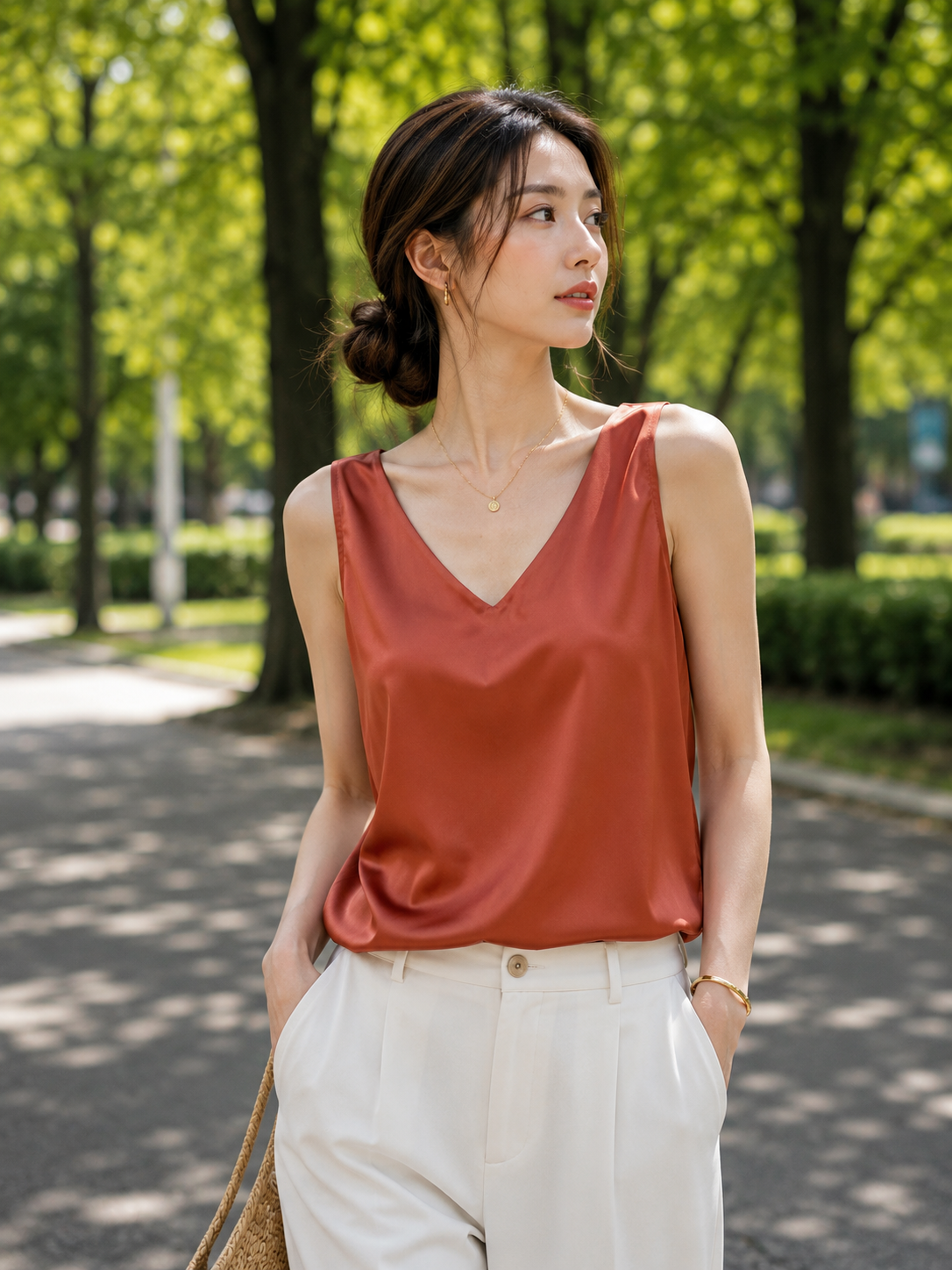 Damen Satin-Top Tank V-Ausschnitt – Pass-Bild