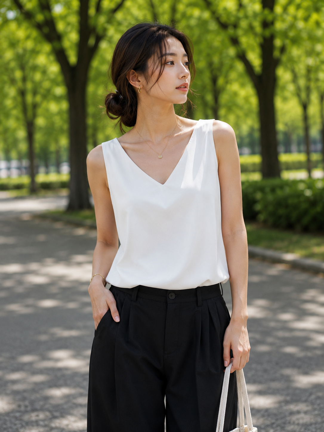 Damen Satin-Top Tank V-Ausschnitt – Side-Profile