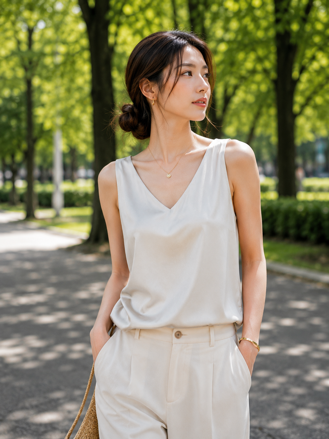 Damen Satin-Top Tank V-Ausschnitt – Outfit-Look