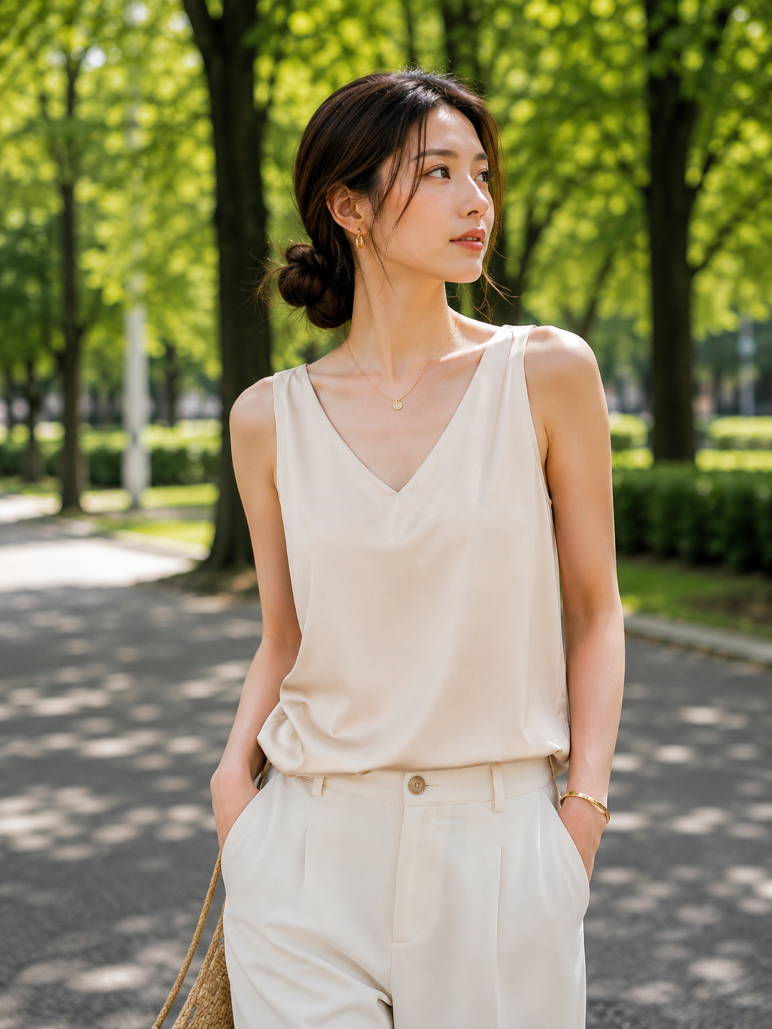 Damen Satin-Top Tank V-Ausschnitt – Trage-Detail