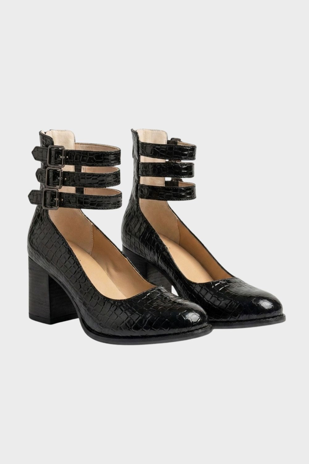 Damen Pumps mit Knöchelriemen | Cut-Out-Design & Blockabsatz