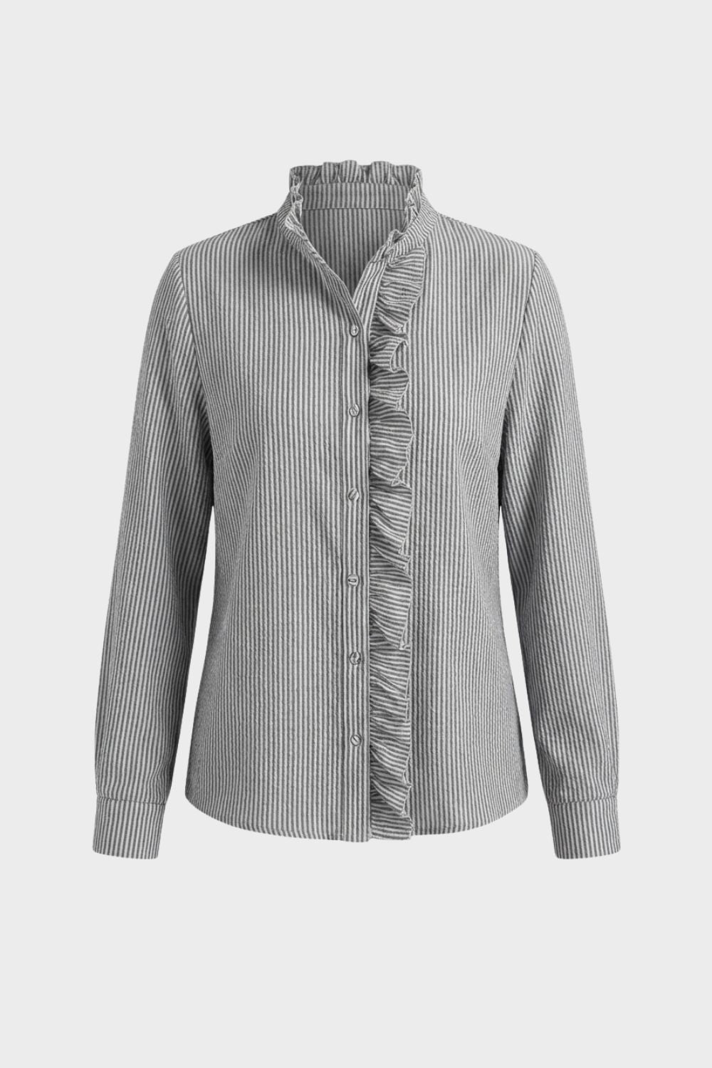 Damen Rüschenbluse Stehkragen Langarm – Rückansicht