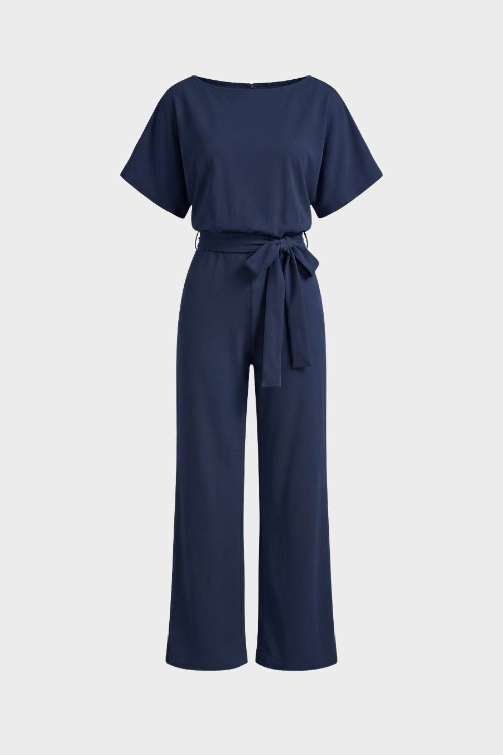 Damen Jumpsuit Lang Bindegürtel Kurzarm – Rückansicht