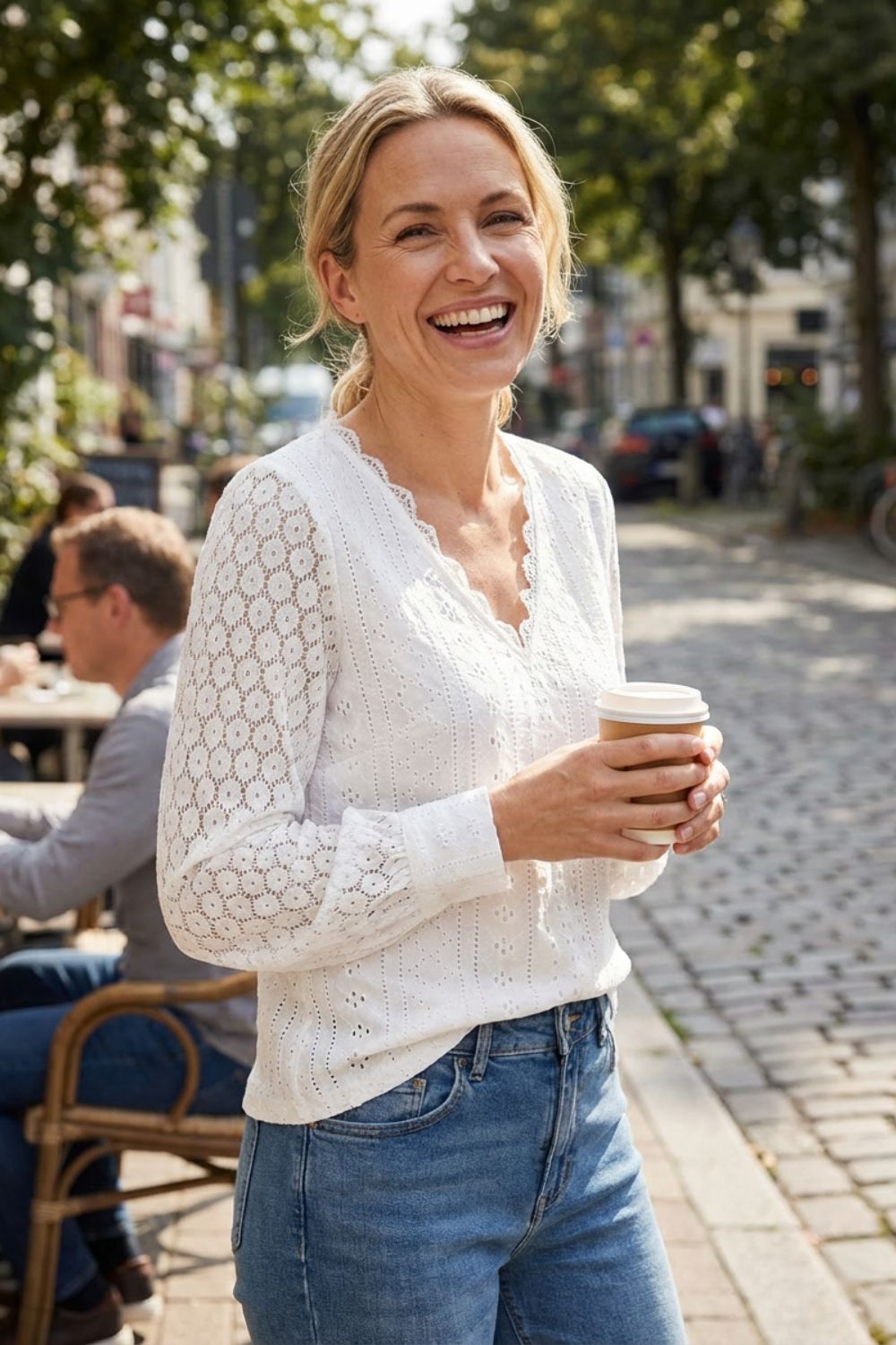 Damen Spitzenbluse Langarm V-Ausschnitt – Sicht von oben