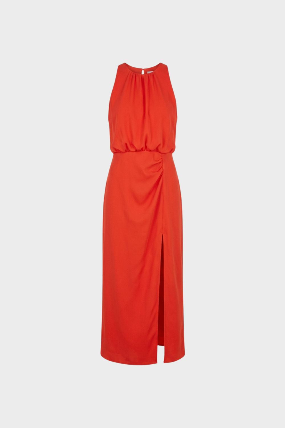 Damen Sommer-Midikleid Halterneck Blouson – Halterneck-Raffung mit Blouson-Taille und Seitenschlitz für Sommerkleid-Look