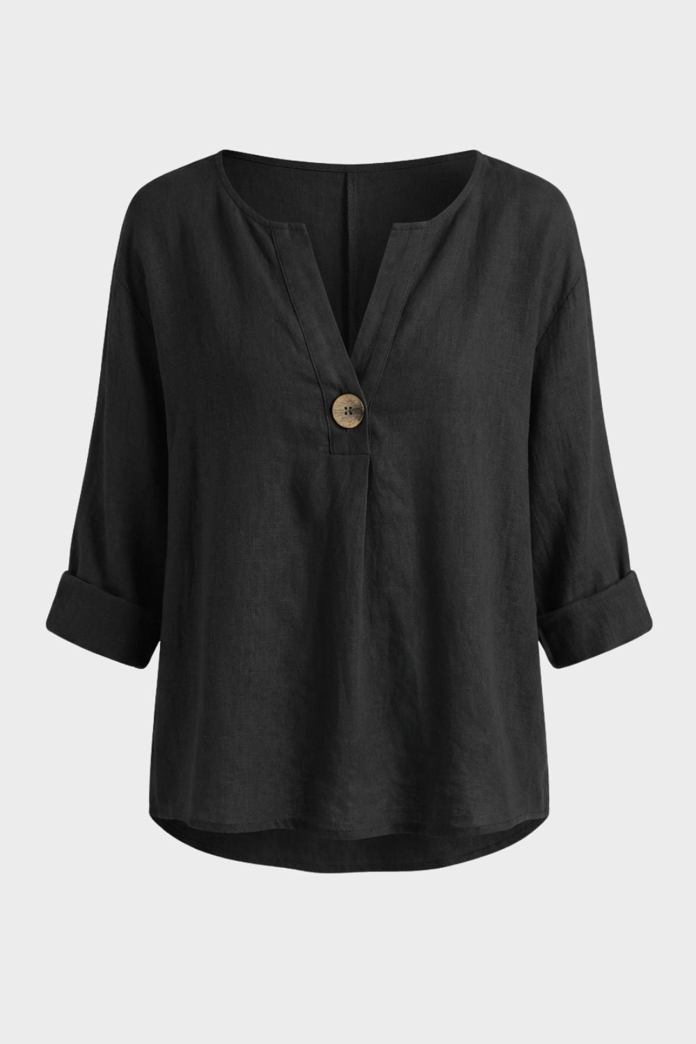 Damen Leinenbluse V-Ausschnitt Knopf – Material-Detail