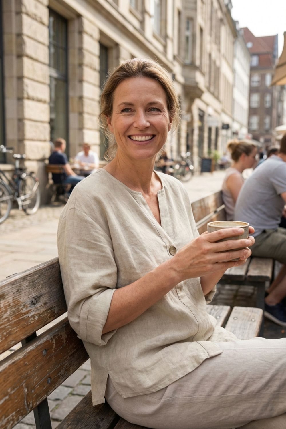 Damen Leinenbluse V-Ausschnitt Knopf – Sicht von oben