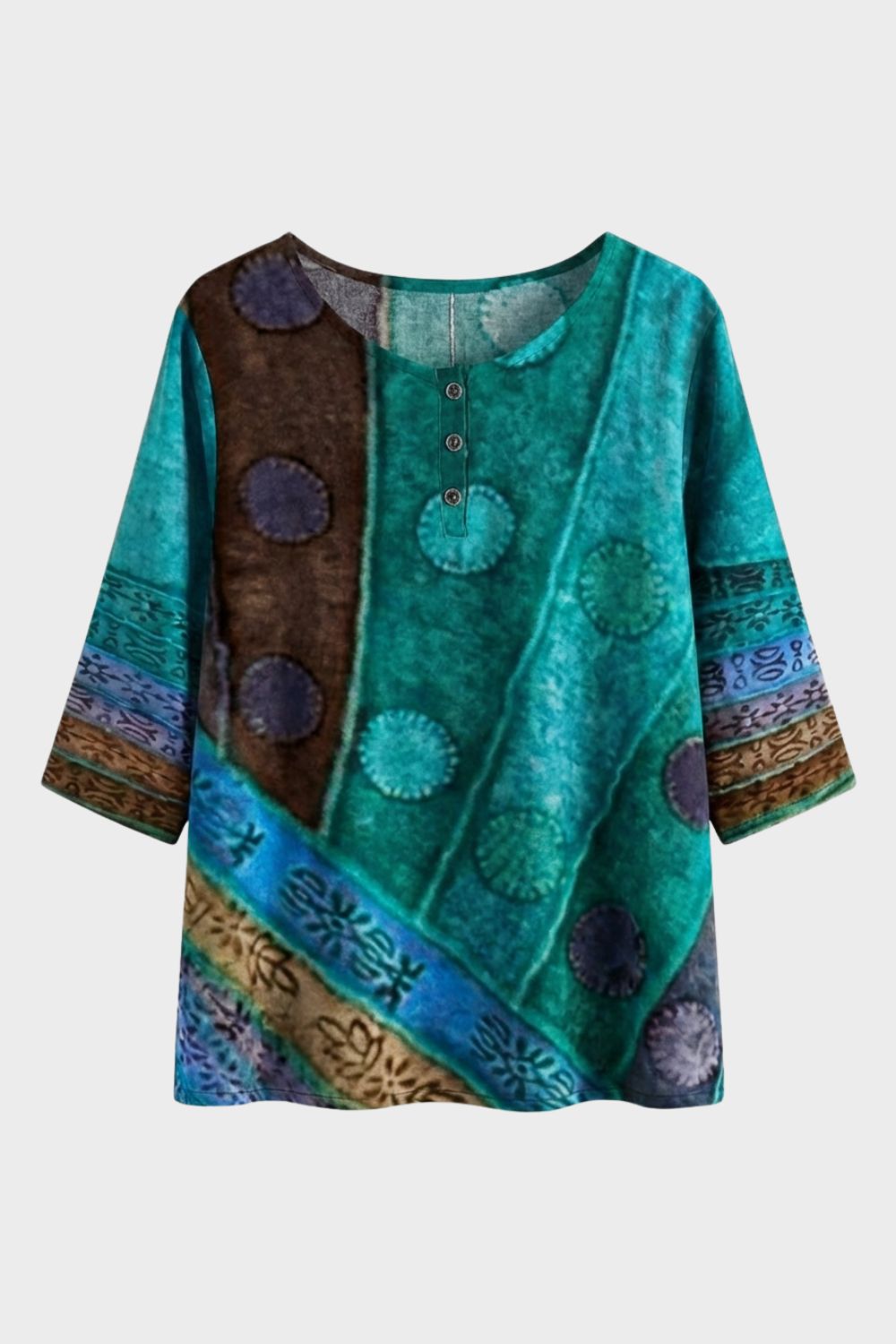 Damen Boho-Bluse Patchwork Rundhals – Lifestyle-Look