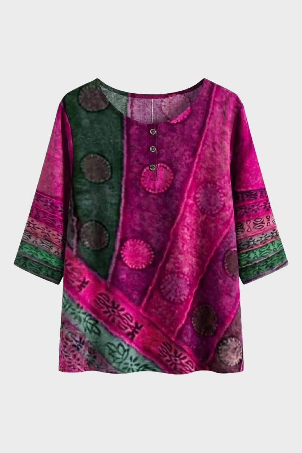 Damen Boho-Bluse Patchwork Rundhals – Material-Detail