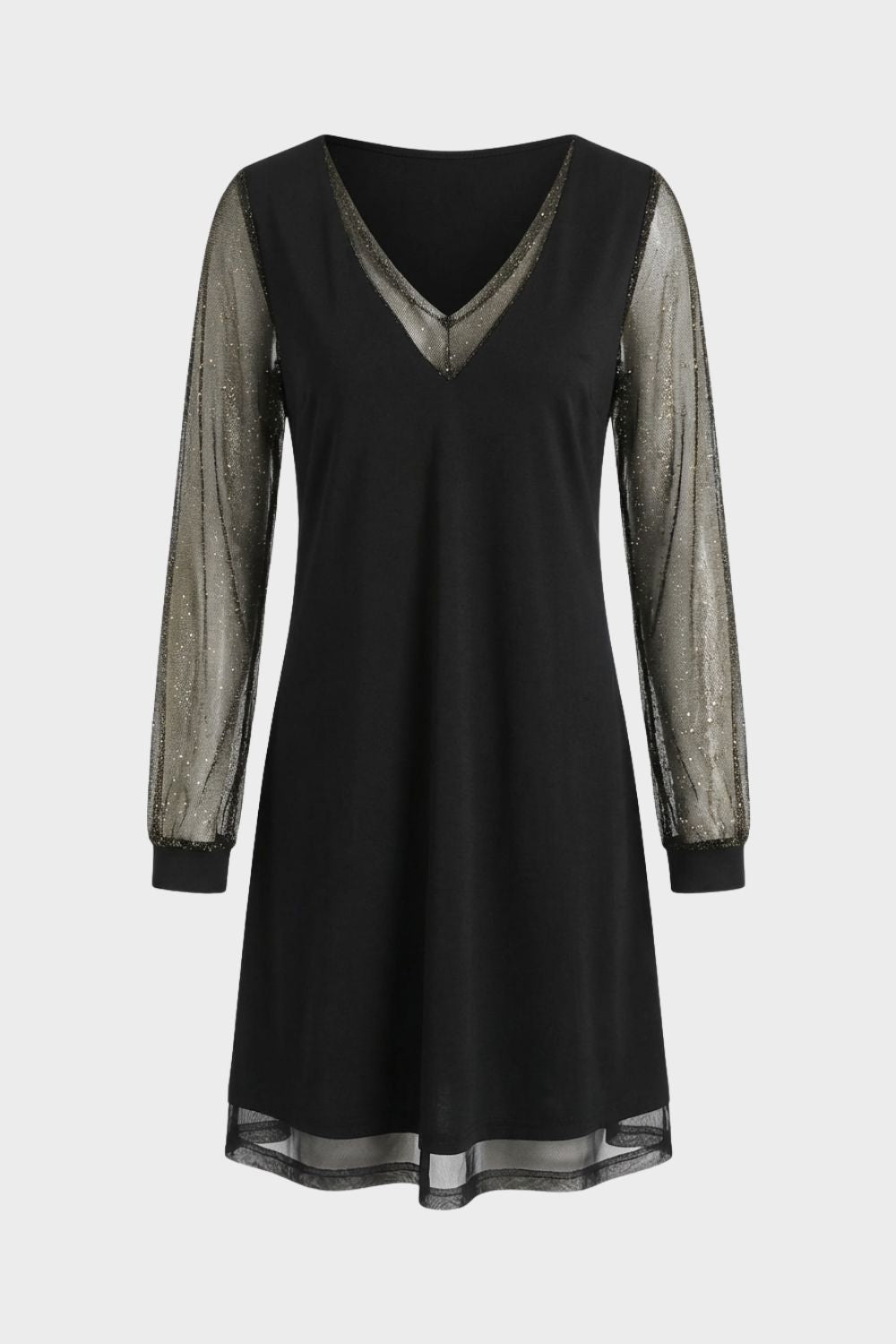 Damen A-Linien Kleid Schwarz Glitzer-Ärmel – Hauptansicht