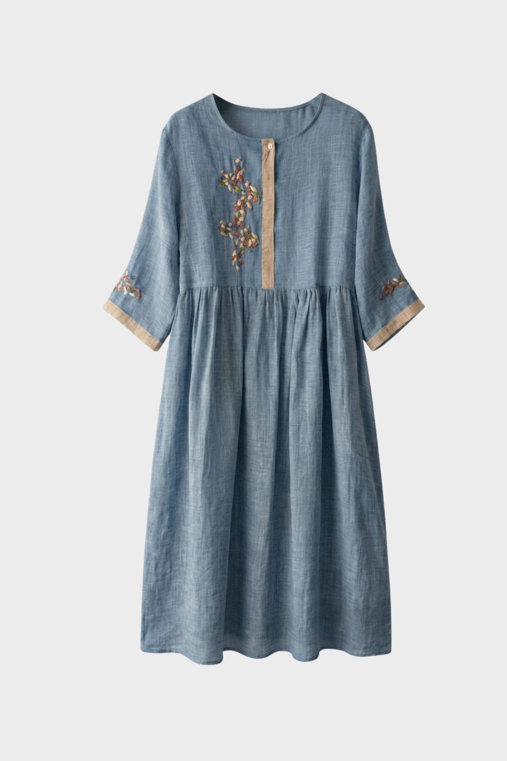 Damen Leinen Midikleid Stickerei – Hauptansicht
