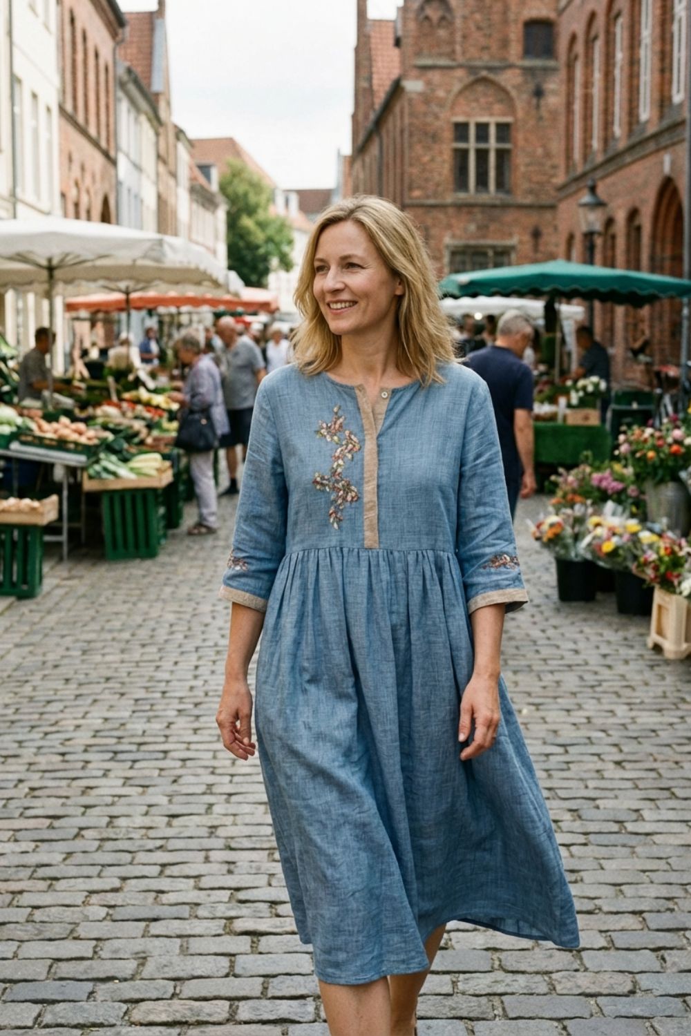 Damen Leinen Midikleid Stickerei – Sicht von oben