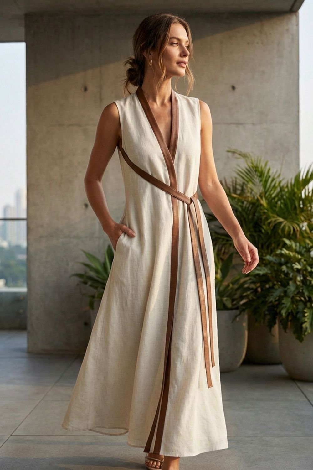 Damen Sommer-Maxikleid A-Linie Taillengürtel – Detail Verarbeitung
