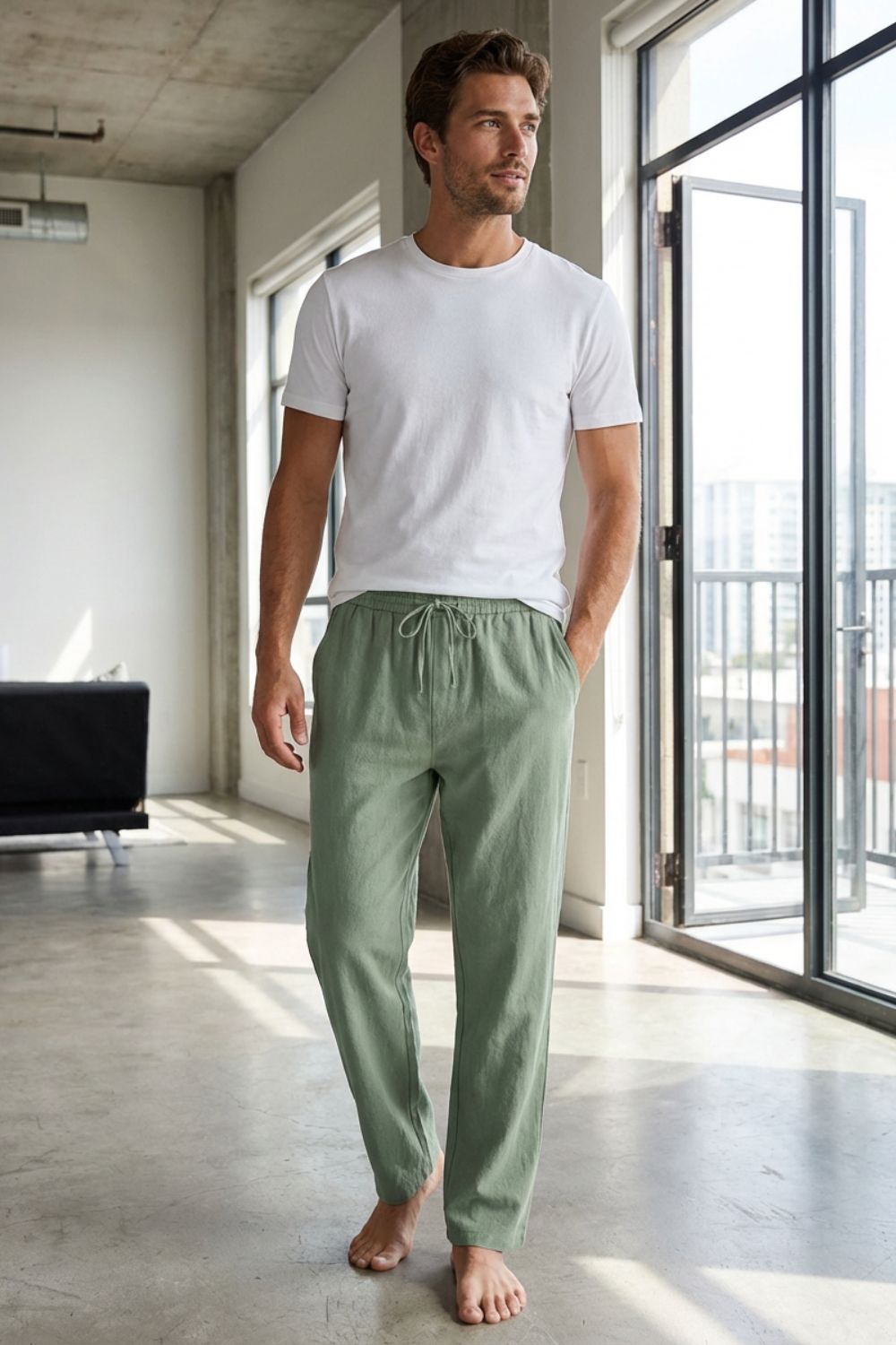 Herren Leinen-Hose Kordelzug – Pass-Bild