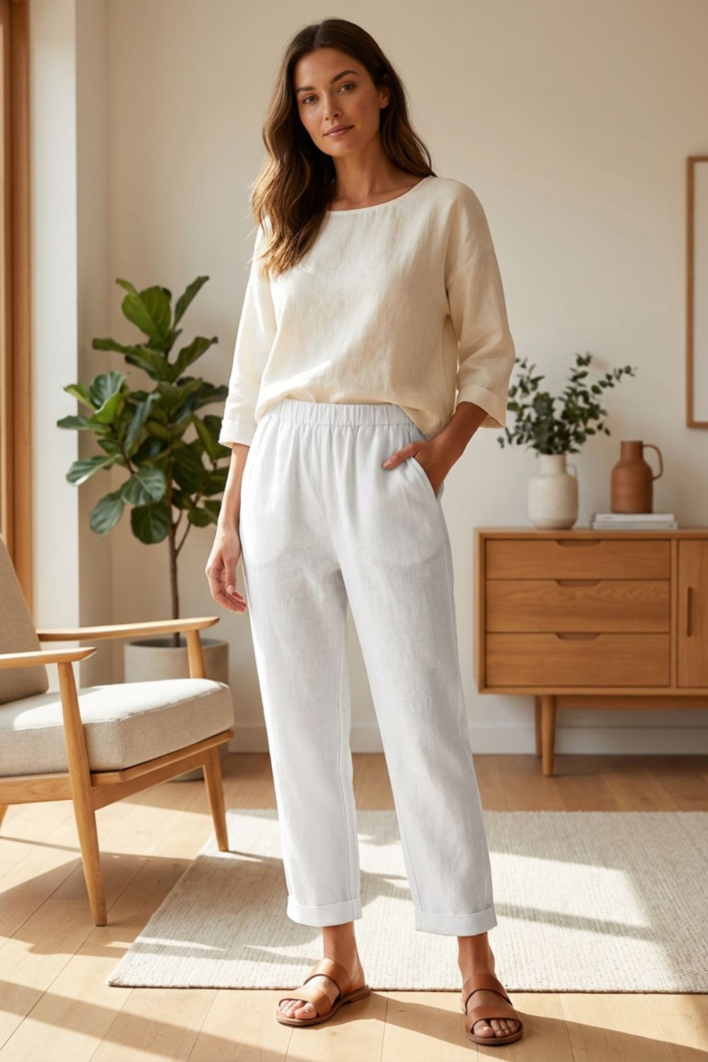 Damen Leinen 7/8-Hose Elastik-Bund – Sicht von oben