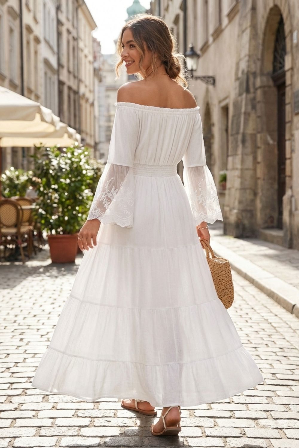 Damen Boho-Maxikleid Off-Shoulder Spitze – Sicht von oben