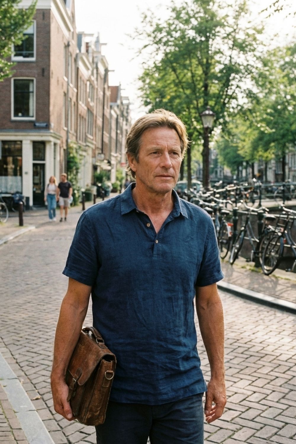 Herren Henley-Polo Naturleinen Stehkragen – Sicht von oben