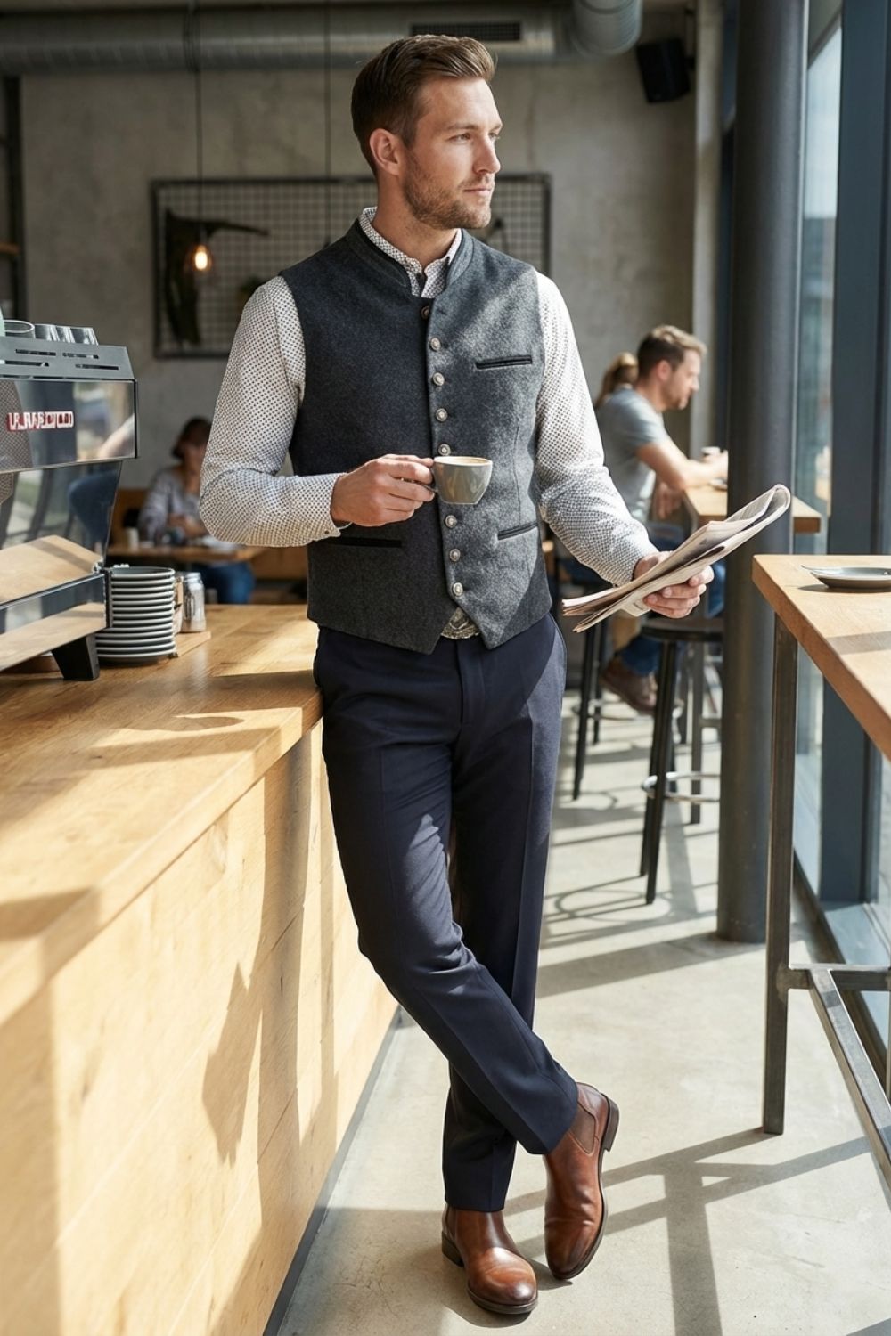 Herren Weste Stehkragen Knopfleiste Gilet – Sicht von oben