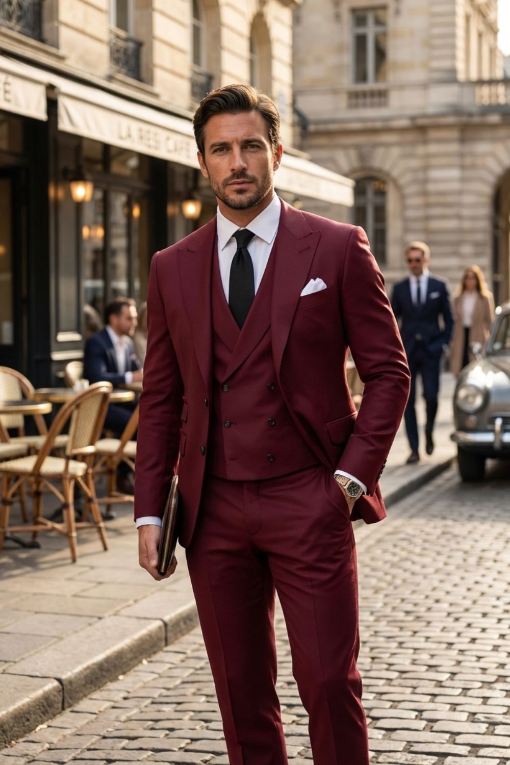 Herren Dreiteiler Spitzen-Revers V-Weste – Tragestil-Beispiel