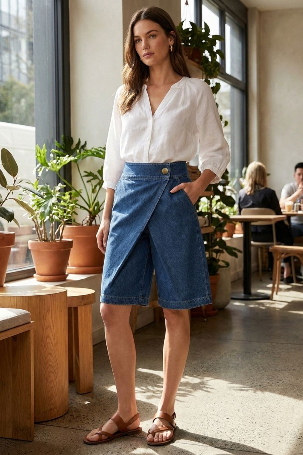 Damen Jeansshorts High-Waist Knopfleiste – Rückansicht