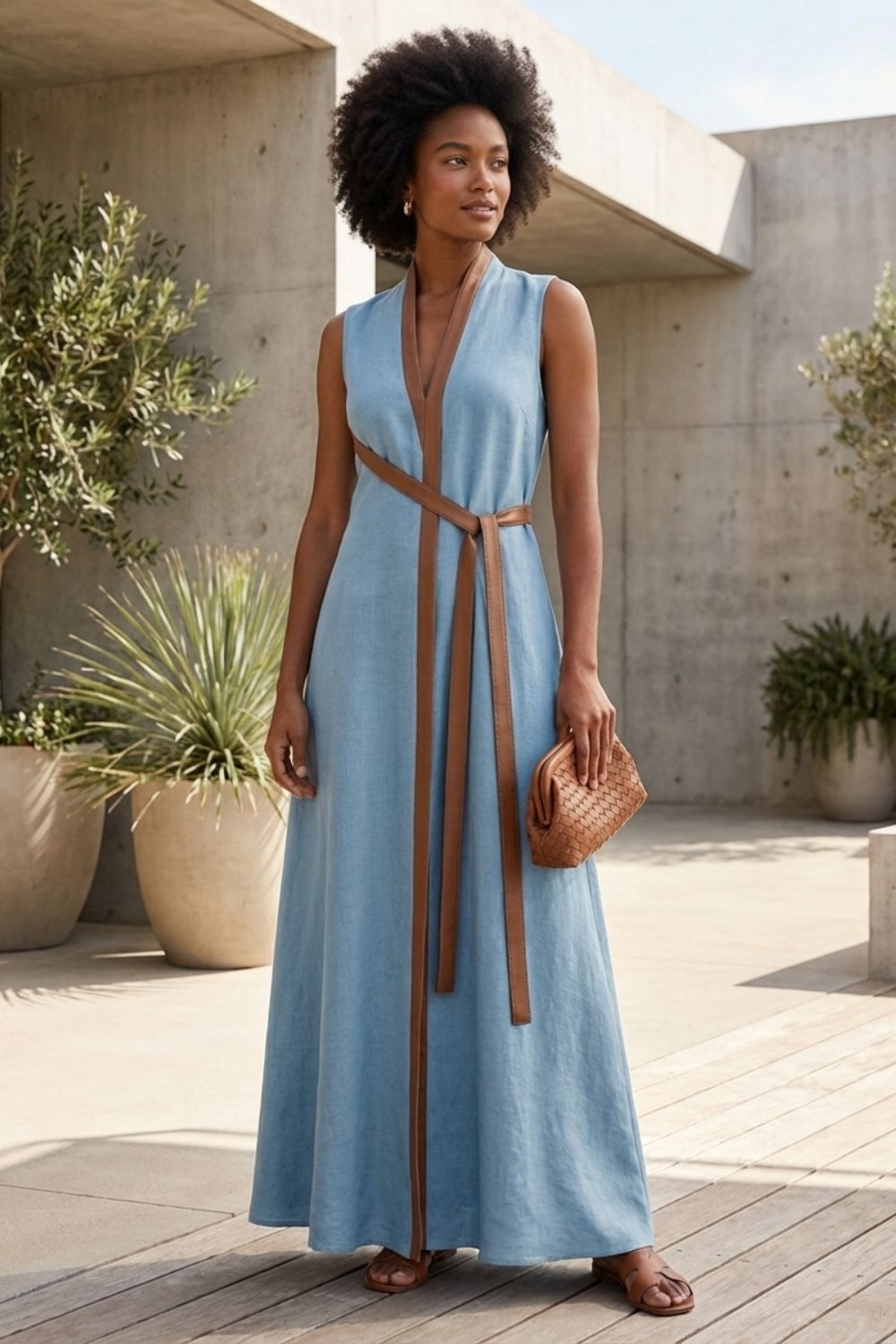 Damen Sommer-Maxikleid A-Linie Taillengürtel – Sicht von oben