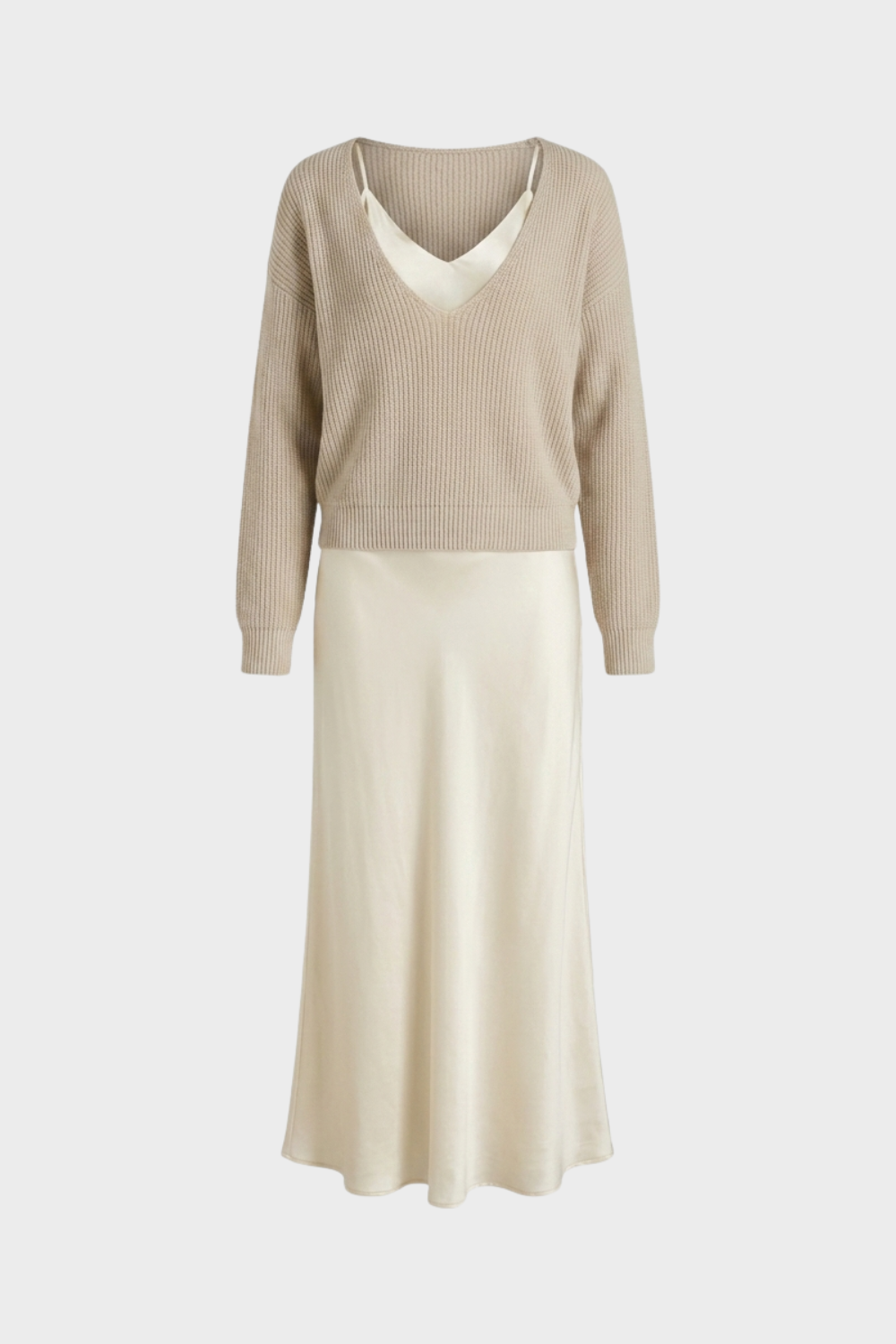 Damen Twin-Set Satin-Midi Rib-Knit – Hauptansicht