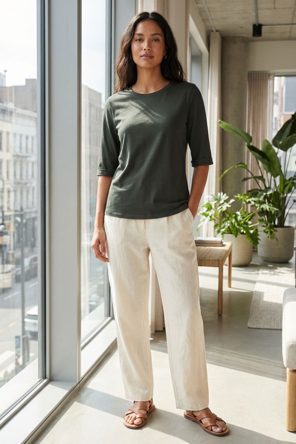 Damen Basic-T-Shirt Rundhals Kurzarm – Tragestil-Beispiel
