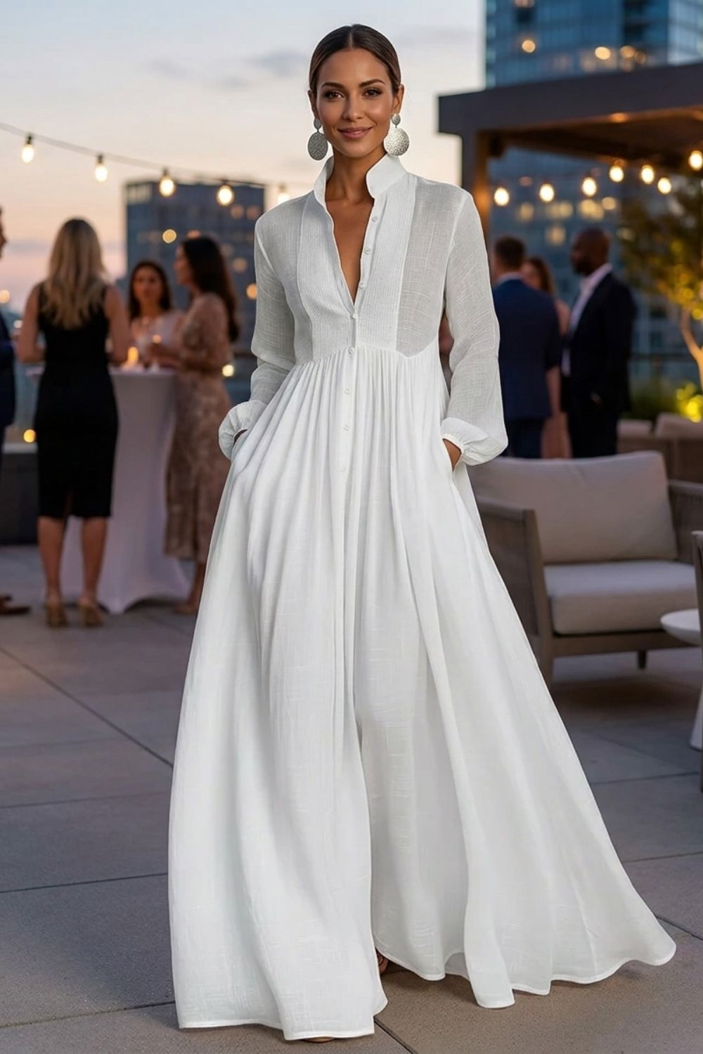 Damen Fließendes Maxikleid V-Neck Langarm – Sicht von oben
