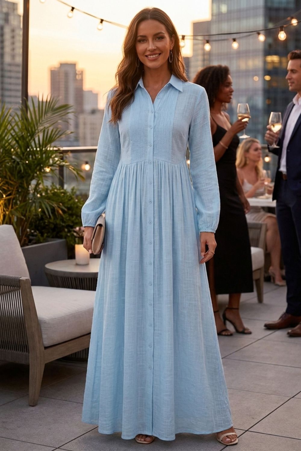 Damen Fließendes Maxikleid V-Neck Langarm – Styling-Inspiration