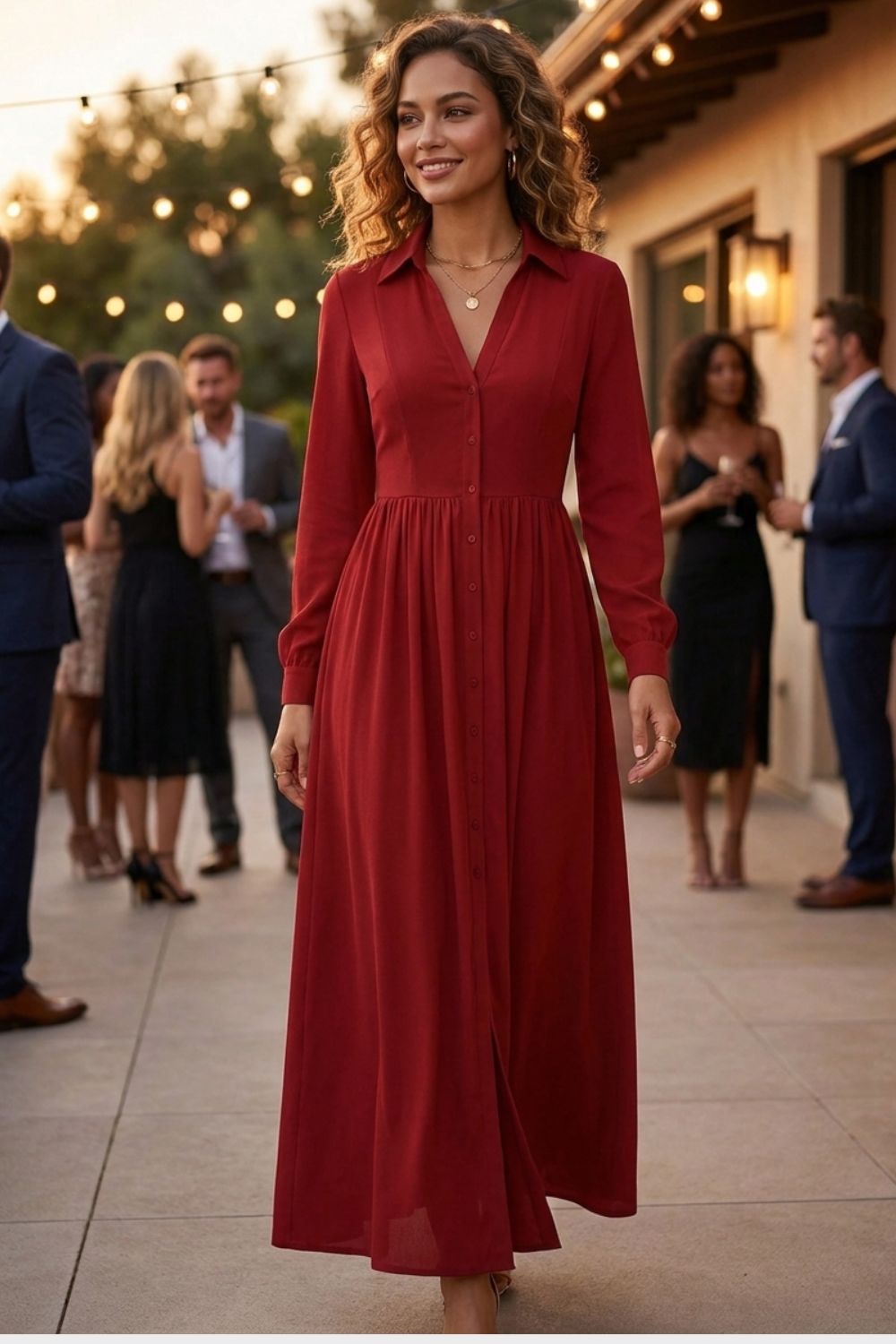 Damen Fließendes Maxikleid V-Neck Langarm – Tragestil-Beispiel