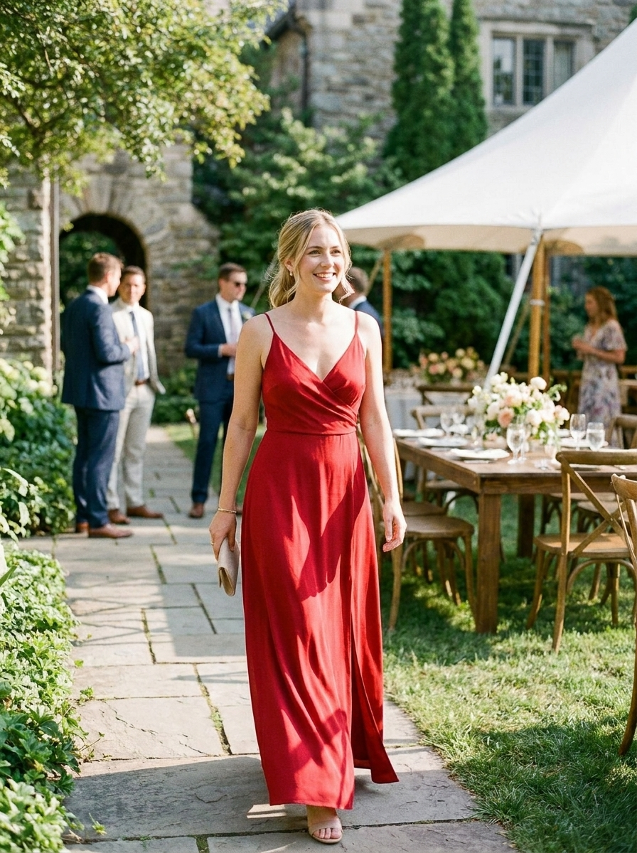 Damen Wickel-Maxikleid Spaghettiträger – Hochzeitsgast-Look auf Garden-Wedding im Sommer
