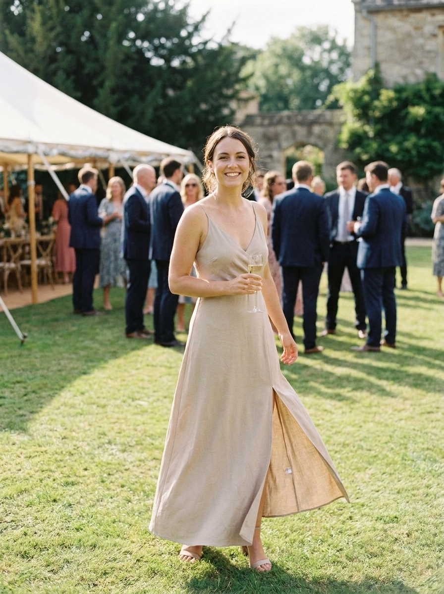Damen Wickel-Maxikleid Spaghettiträger – langes Abendkleid mit Spaghettiträger im Garten-Hochzeit Setting