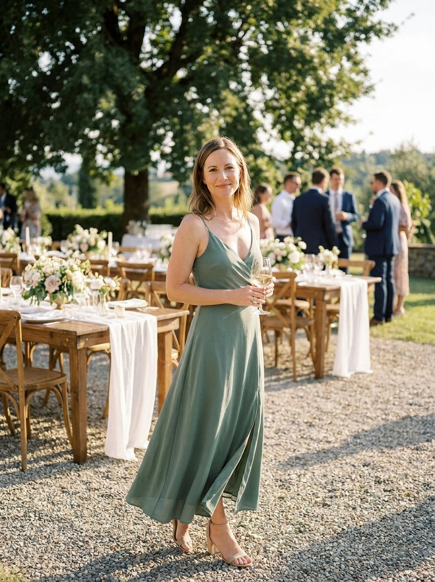 Damen Wickel-Maxikleid Spaghettiträger – Brautjungfer und Trauzeugin-Outfit auf Sommer-Hochzeit
