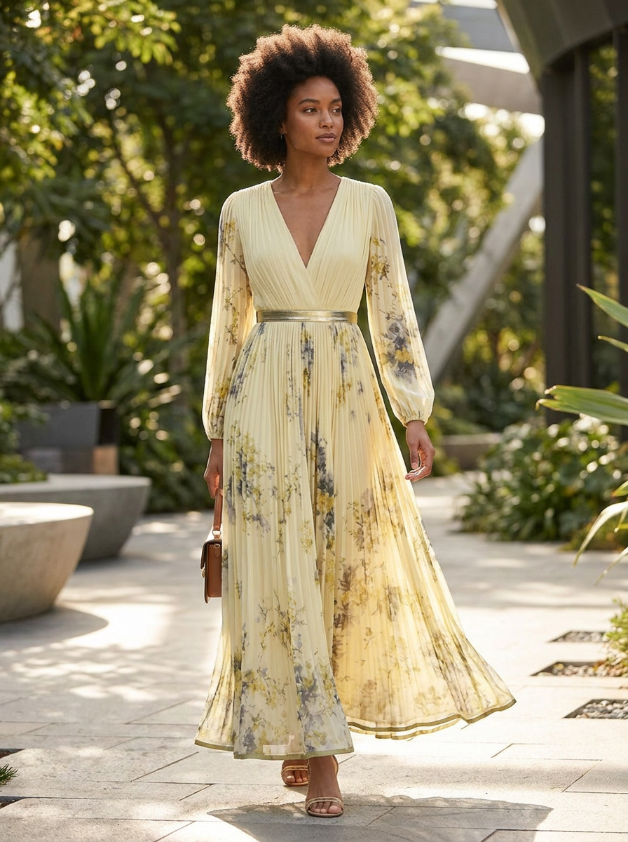 Damen Midikleid Plissee V-Ausschnitt – Detail Verarbeitung