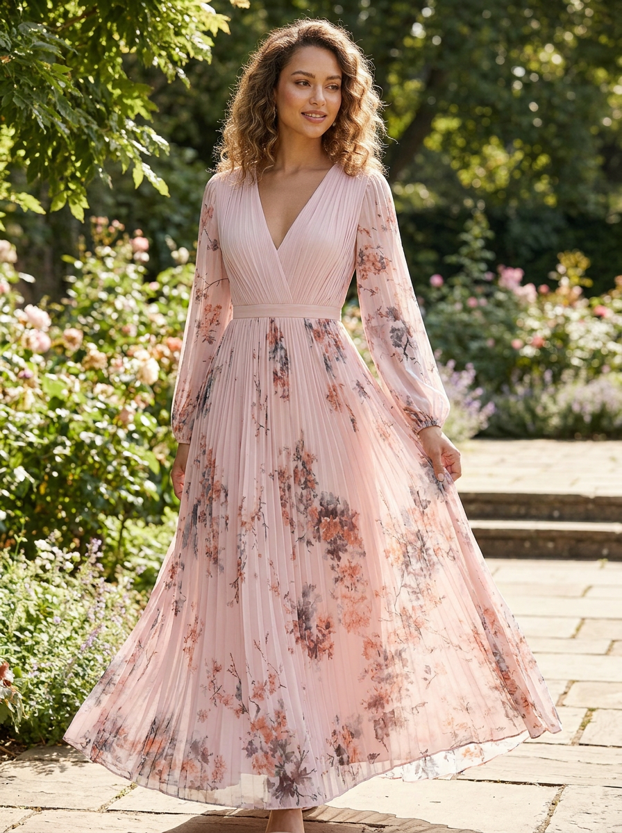 Damen Midikleid Plissee V-Ausschnitt – Tragestil-Beispiel